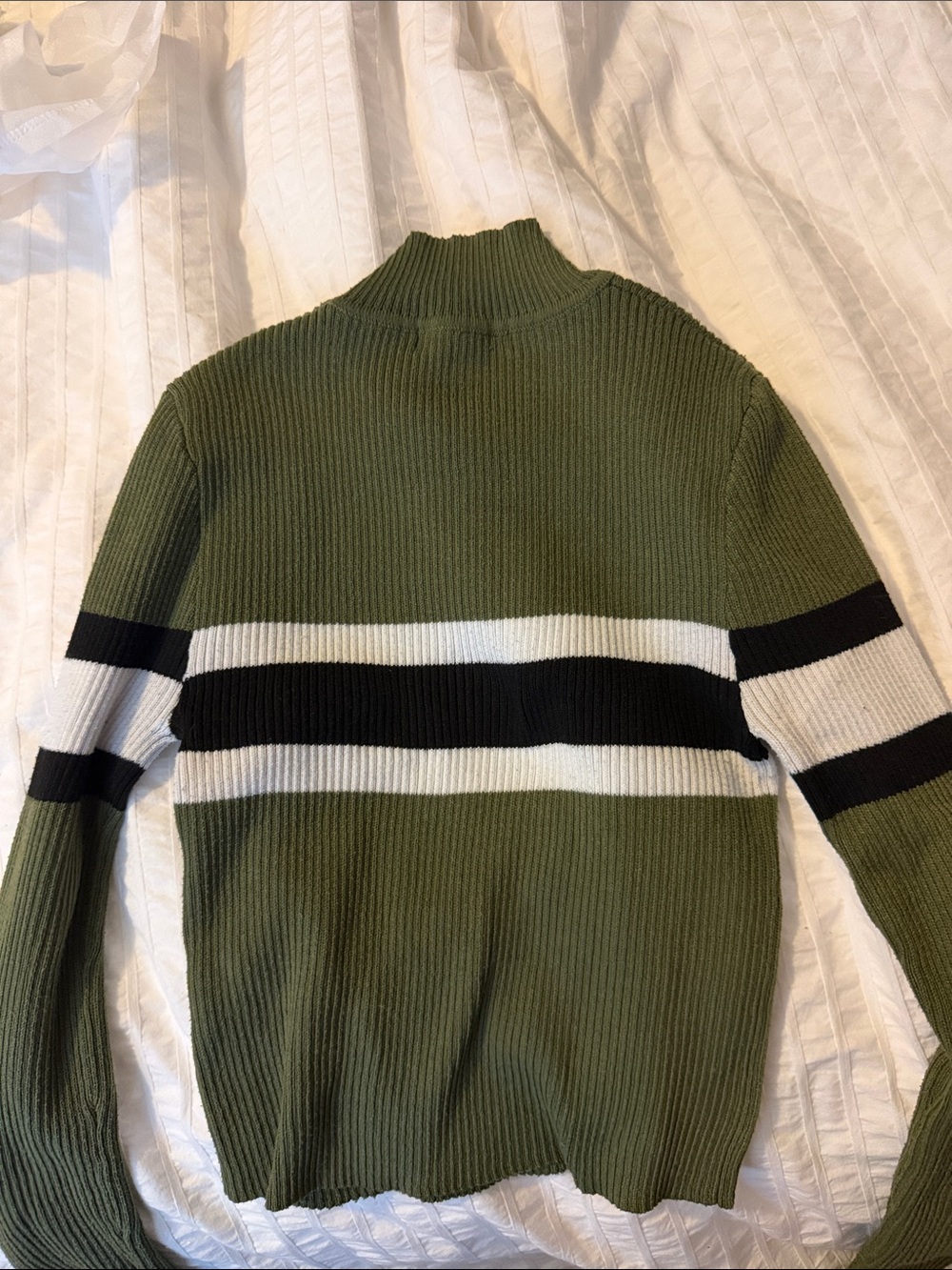 Olive Green Ribbed Mock Neck Sweater with Black & White Stripes